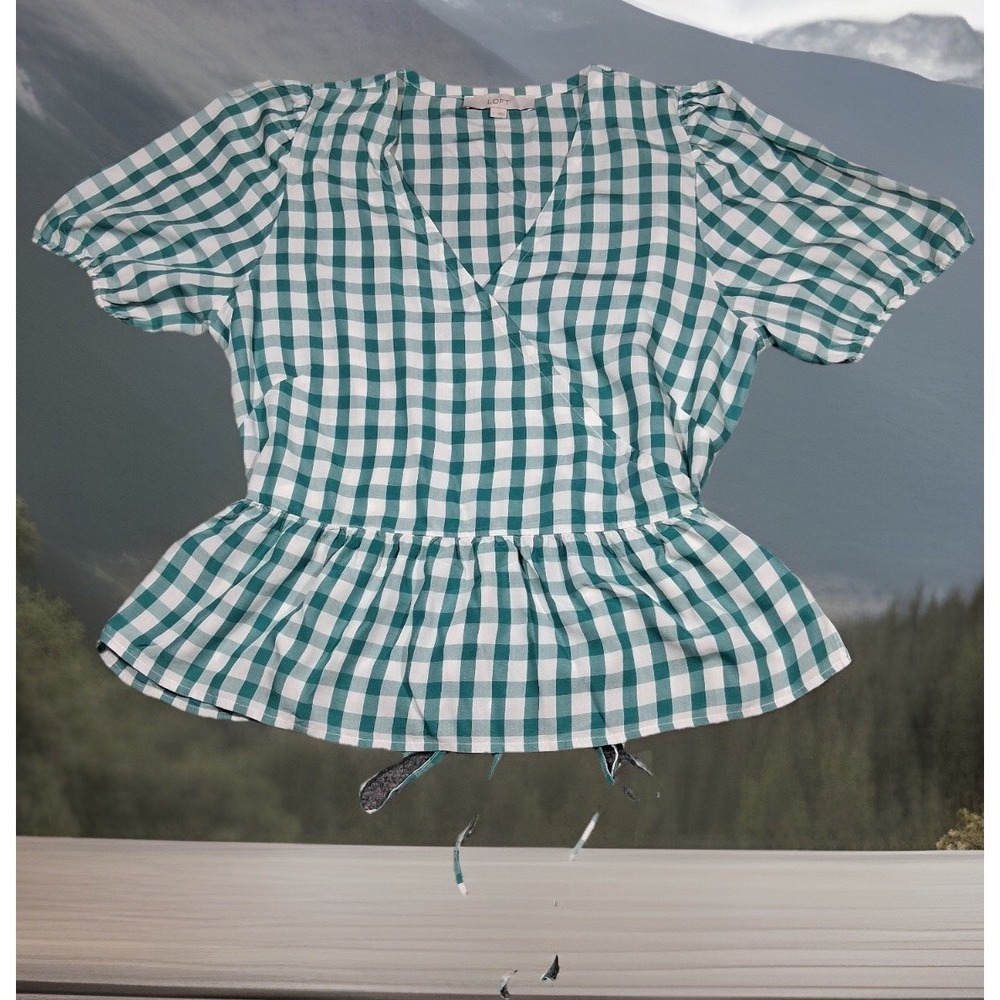 LOFT‎ Womens Green Gingham Puff Sleeve Peplum Wrap Top Size L V-Neck Tie Side